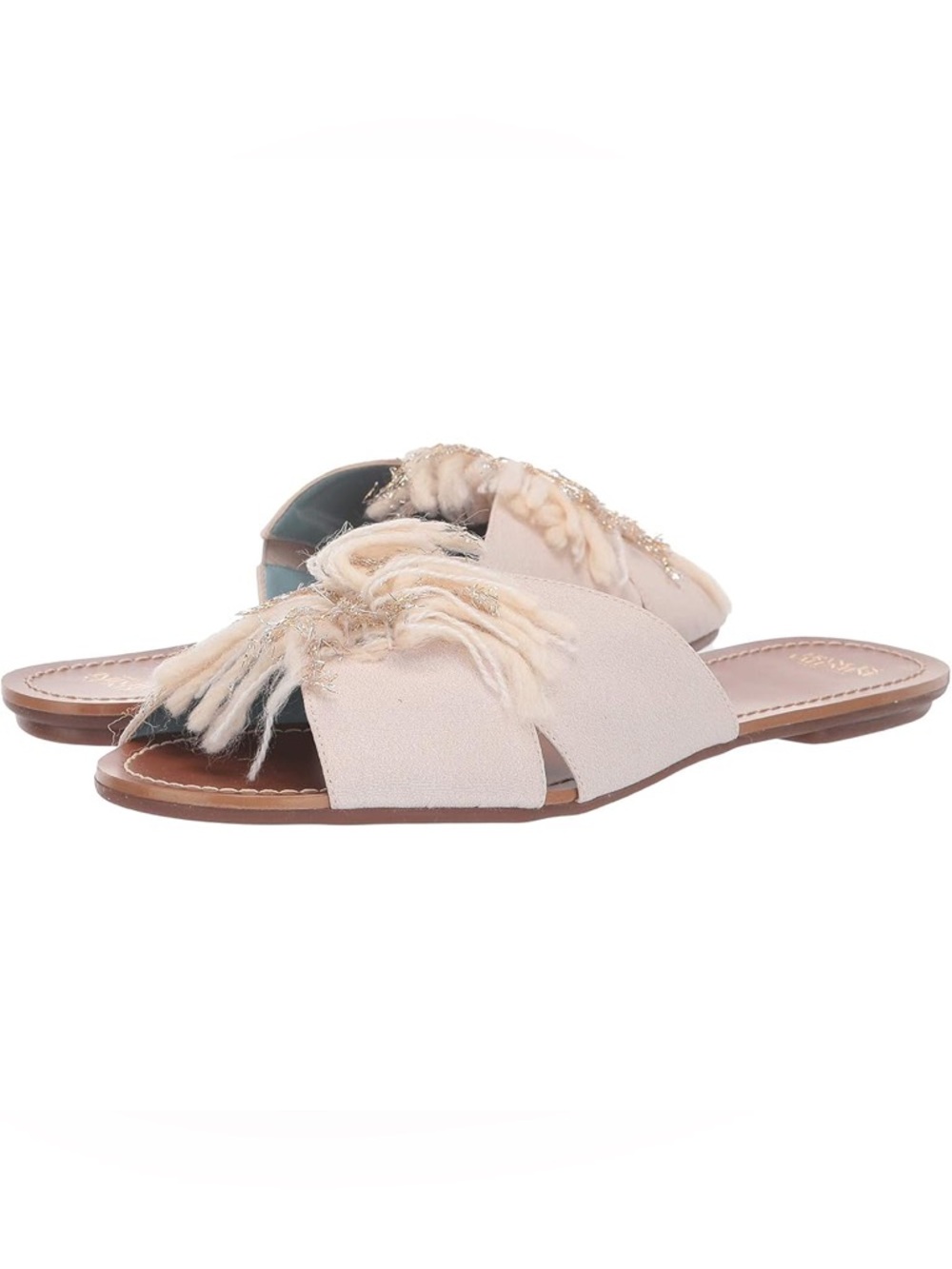 Frances Valentine Trez slide sandals cream-colored criss-cross straps fringe 8